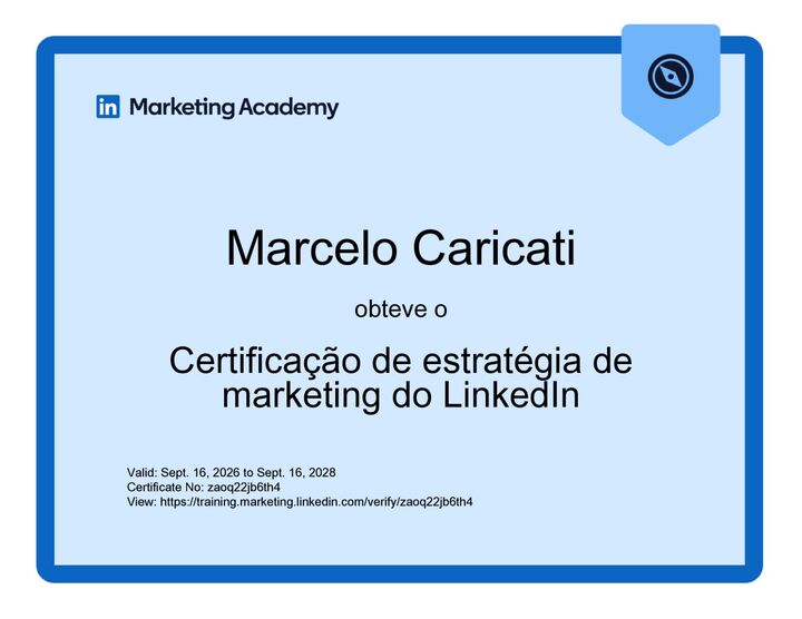 Certificado LinkedIn Marketing Academy — Estratégia de marketing do LinkedIn (Marcelo Caricati)